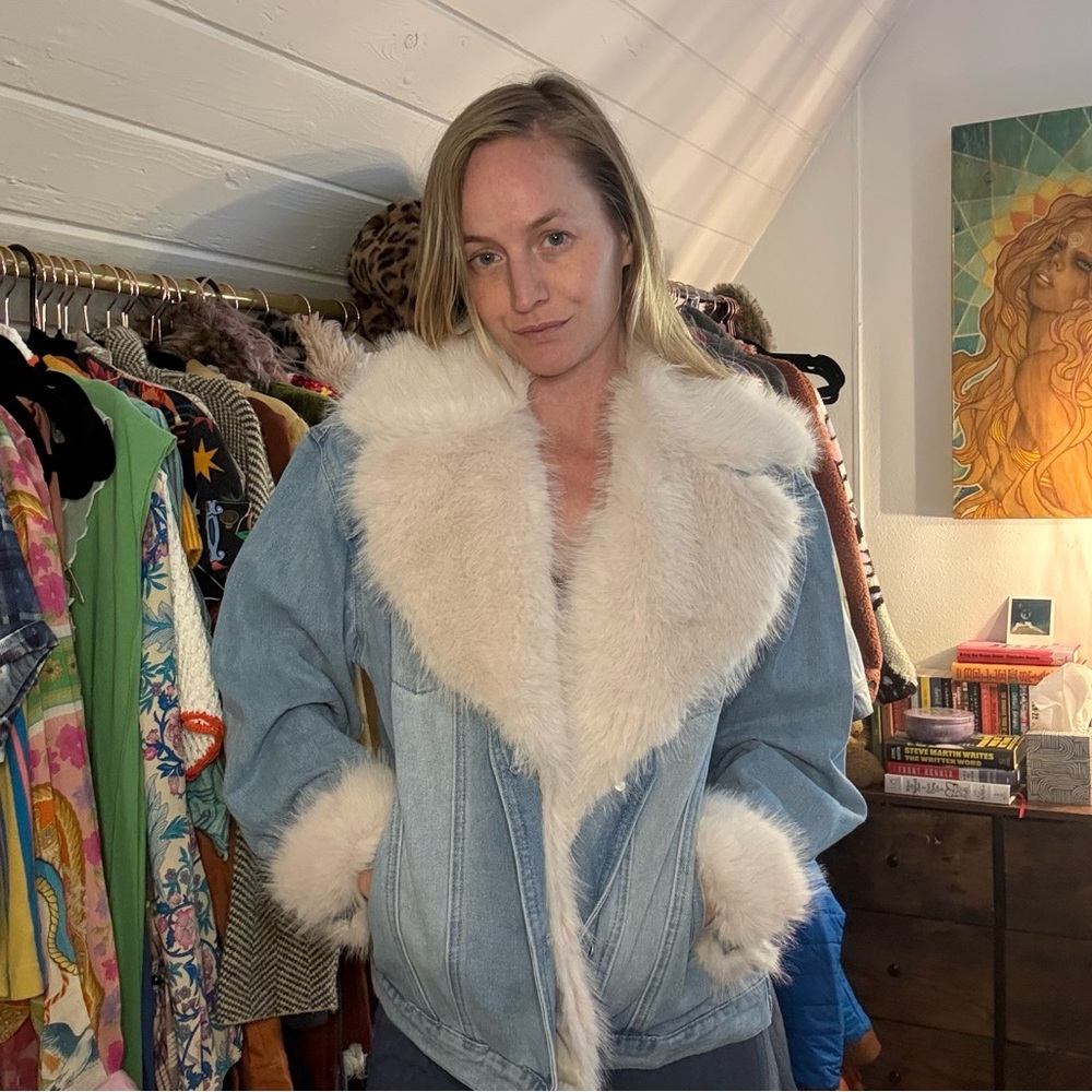 12th Tribe Blue Denim Jacket with White Faux Fur